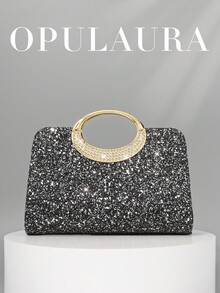 OpulAura 女士时尚闪亮水晶水钻晚宴手拿包，奢华闪亮钻石正式礼服钱包，圣诞绿手提包，优雅手拿包，适合晚宴、派对、生日、婚礼、礼物 - 黑色 - 查看 1
