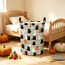 1PC Cute Halloween Print Storage Basket With Handles, Black Cat Ghost Pumpkin Spider Web Pattern Household Organizer Bin, Suitable For Multi‑Purpose Storage Of Clothes Sundries, Home And Room Decor - Black, White and Gray - View 6
