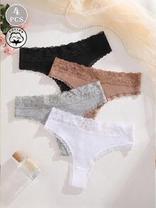 4pcs Solid Color Lace Patchwork Ribbed Cotton Women's Thong Panties, Mature Romantic Sexy Ladies Underwear - Multicolor - View 1