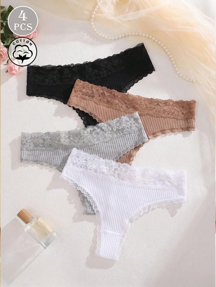 4pcs Solid Color Lace Patchwork Ribbed Cotton Women's Thong Panties, Mature Romantic Sexy Ladies Underwear - Multicolor - View 1