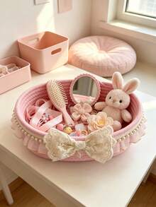 1pc Pink Pearl Bow Storage Basket - Lace Trim And Pearl Bow Baby Supplies Storage Box, Suitable For Girls Room Decor And Baby Daily Items Storage - Multicolor - View 9