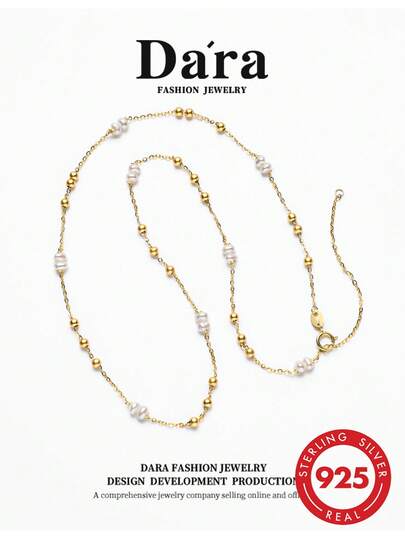 DARA Dây chuyền ngọc trai bầu trời sao bạc Sterling S925, ngọc trai nước ngọt trắng 3-4mm, quà tặng thanh lịch cho phụ nữ