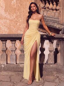 QOQ Women Elegant Romantic Glamorous Chiffon Formal Evening Gowns Backless High Slit Prom Graduation Cocktail Party Gala Dresses - Yellow - View 2