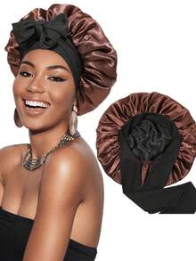Women's Double-Layer Reversible Solid Color Silky Satin Comfortable Home Daily Sleep Hair Care Styling Cap - A - View 10