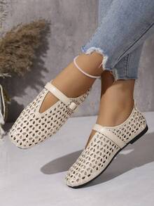 Summer New Fashion Women's Mary Jane Shoes, Buckle Square Toe Soft Sole Hollow Breathable Embroidered Low-Top Shoes - Beige - View 2