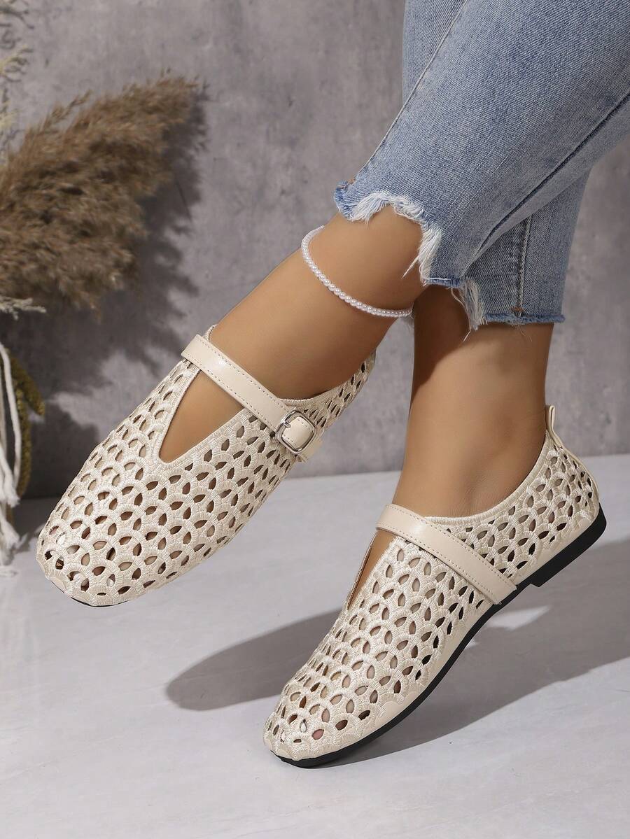 Summer New Fashion Women's Mary Jane Shoes, Buckle Square Toe Soft Sole Hollow Breathable Embroidered Low-Top Shoes