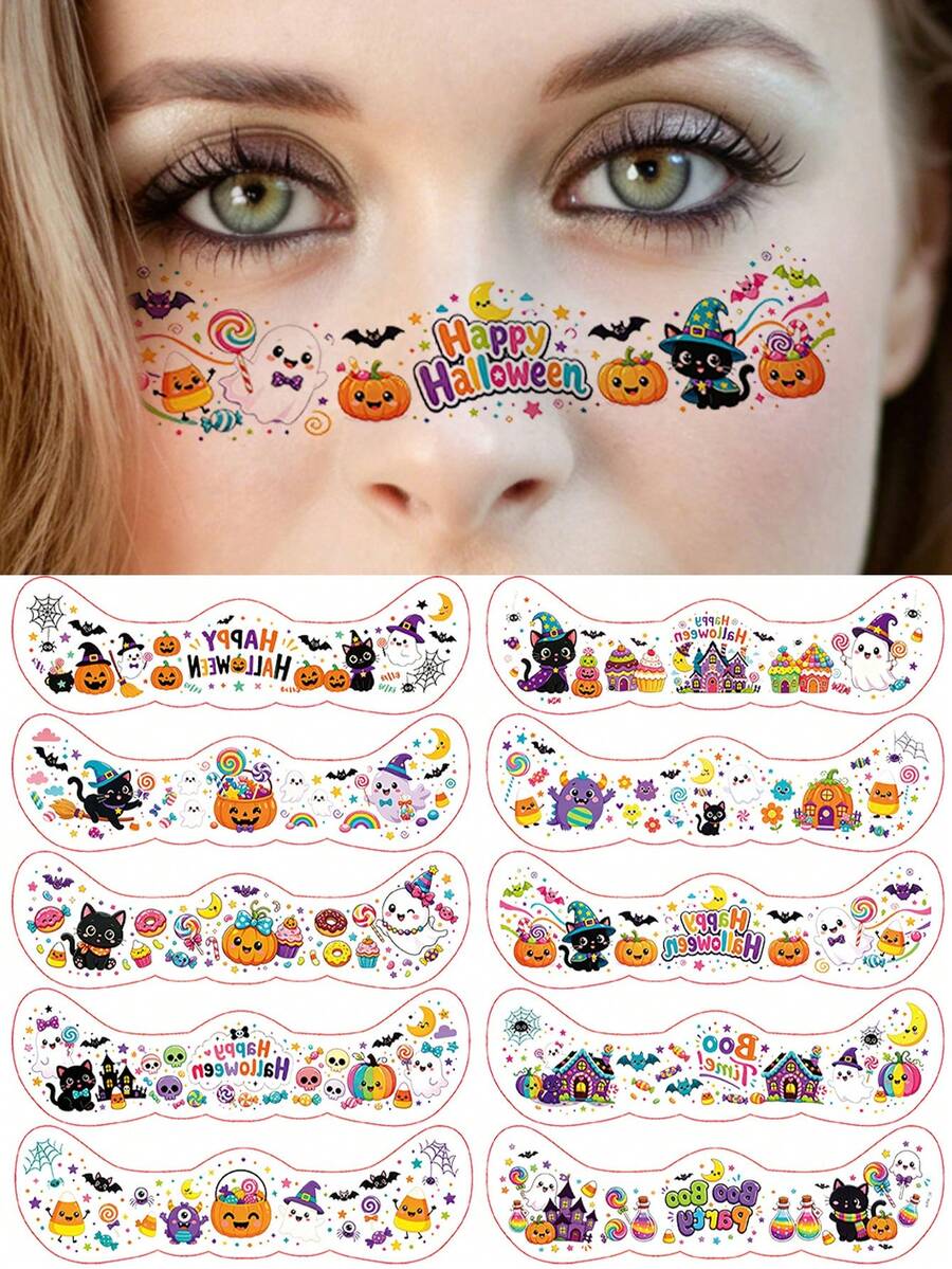 10 Sheets, Face Cheek Temporary Tattoo Stickers, Halloween Series, Colorful Pumpkin Ghost Bat Spider Black Cat Patterns, Face Temporary Makeup Fake Tattoo Stickers For Halloween Parties - Yellow - View 1