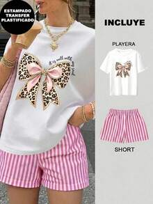 2 Playera Blanca con Short Rayas Rosa con Blanco