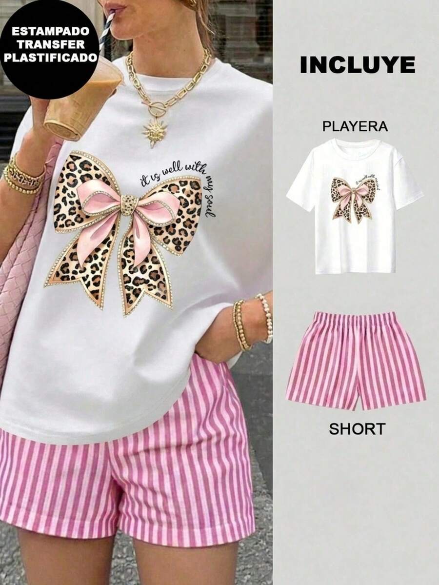 Women Two-Piece Outfits - 2 Playera Blanca con Short Rayas Rosa con Blanco - View 1