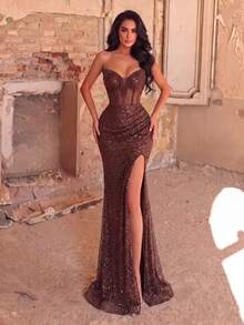 Luxury Sweetheart Neck Beaded Mermaid Long Dress, Wavy Beaded Embroidery, Waist-Cinching Design, Floor-Length Side Slit.. Party - Brown - View 7