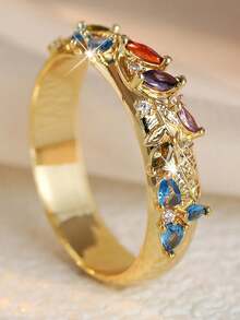 Gmzalx Vintage Glamorous Leaf-Shaped Colorful Jewelry Ring, Gold-Tone Band With Exquisite Engraved Leaf Pattern, Artistic Heavy-Duty Jewelry - Multicolor - View 12