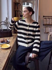 Women's Striped Plush Cardigan, Cute Button Sweater Top, Suitable For Coffee Dates, Outings And Holiday Outfits - Black - View 6