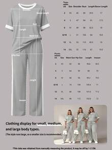 Spring/Summer Women's 2 Pieces Set, Casual Versatile Contrast Color Round Neck Short Sleeve Top And High Waist Drawstring Straight Leg Pants Elegant - Gray 84 - View 10