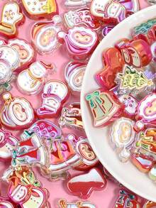 5pcs Acrylic Colorful Oil Drip Christmas Cartoon Bell Snowman Beads DIY Phone Chain Backpack Decoration Accessories Material - Multi-color Plated Christmas Beads - View 2