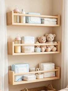 3pcs Natural Wood Children's Wall-Mounted Picture Book Shelf, Wall Storage Bookshelf - Khaki - View 2