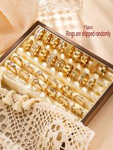 Koleksi Cincin Acak Berlapis Emas 18K Stainless Steel 5/10/15/20/25/30pcs, Cincin Jari Telunjuk Desain Lebar dengan Hiasan Berlian Imitasi Bentuk Hati, Huruf Romawi, dan Bentuk Oval dengan Desain Tetesan Air Matte yang Modis dan Indah, Cocok untuk Pemakaian Sehari-hari dan Hadiah Liburan Unisex - Emas - View 26