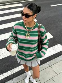 Women's Fashion Autumn/Winter Loose Casual Knit Pullover, Colorblock Striped Long Sleeve Sweater, Create Autumn Look, New Autumn/Winter Style Fall - Green - View 9