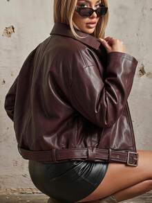 Women's Buckle Leather Oversize Relax Fit Cut Jacket - Burgundy - View 1