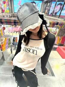 Women's Letter Print Colorblock Casual Daily Long Sleeve Top - Black and White - View 4
