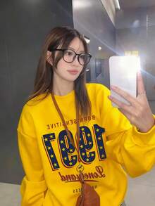 Minimalist Letter Print Autumn/Winter Lazy Loose Long Sleeve Crew Neck Sweatshirt For Women, Streetwear Style Top - Yellow - View 3