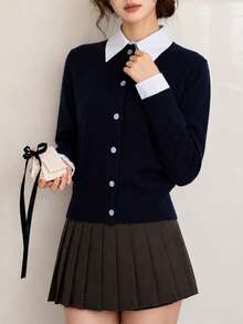 Women's Winter Casual Elegant Minimalist Woven Colorblock Patchwork Cardigan Knit Sweater - Navy Blue - View 4