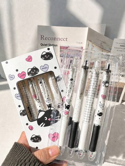 1/4/12/24pcs Ins Style Cute Sweet Black Cat Clickable Neutral Pens, Suitable For Daily Journaling, Note-Taking, Essential For Students/Office Workers. Also Can Be Given As Christmas/Halloween Small Gifts To Friends/Children