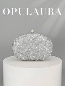 OpulAura 女士奢华闪亮水晶迷你盒形手拿包，闪耀水钻晚宴包，适合正式场合，时尚派对/婚礼/盛大晚宴手提包，带链条，婚礼用品 - 銀色 - 查看 1