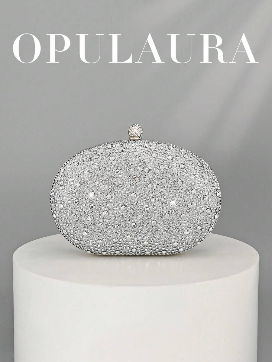 OpulAura 女士奢华闪亮水晶迷你盒形手拿包,闪耀水钻晚宴包,适合正式场合,时尚派对/婚礼/盛大晚宴手提包,带链条,婚礼用品 - 銀色 - 查看 1