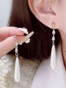 1 Pair French Vintage Premium Long Versatile Earrings, Cheongsam Style Ancient Charm Pearl Zirconia Water Drop Earrings - Multicolor - View 1