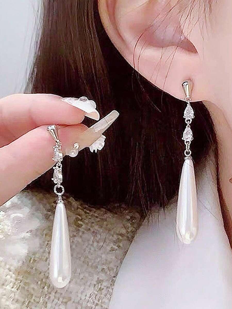 1 Pair French Vintage Premium Long Versatile Earrings, Cheongsam Style Ancient Charm Pearl Zirconia Water Drop Earrings - Multicolor - View 1