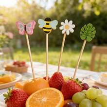 100pcs Cute Floral Animal Bamboo Food Picks, Multi-Color Bee Butterfly Daisy Leaf Decorative Skewers, Suitable For Picnic Tea Party Birthday Salad Fruit Cake Tabletop Decoration - Multicolor - View 8