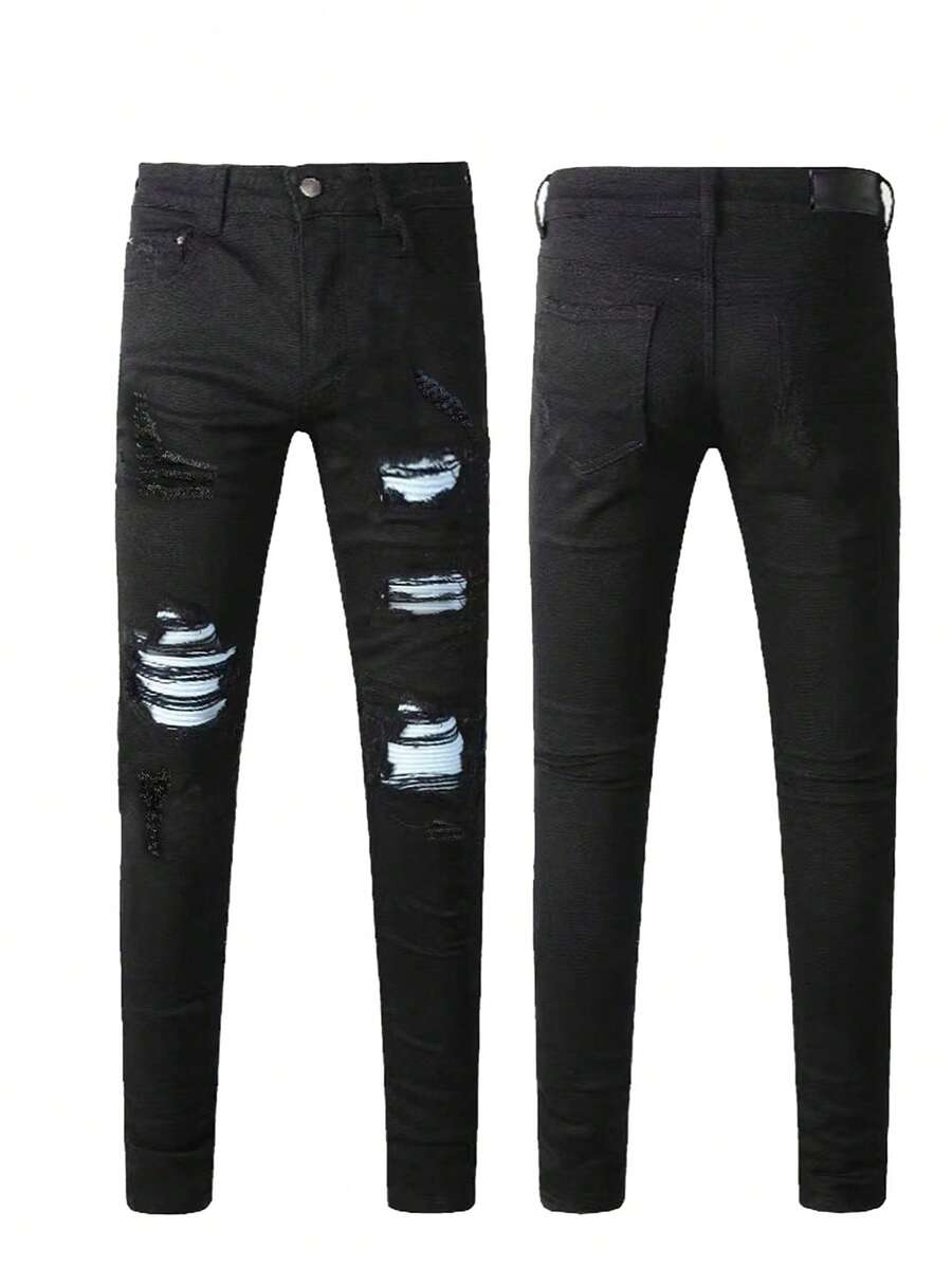 Men's Fashion Distressed Patch Skinny Stretch Denim Jeans - Black - View 1