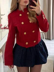 Women's Elegant Versatile Double-Breasted Red Jacket, Autumn/Winter - Red - View 4