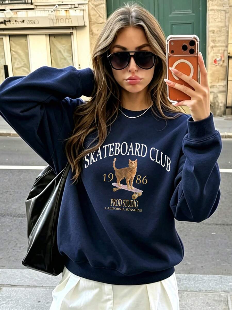 Women's New Autumn Crew Neck Sweatshirt Pullover Top Streetwear Jacket For Autumn/Winter Airport Travel Campus Style - Navy Blue - View 1