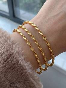 1pc Minimalist Stainless Steel Multi-Layer 18K Gold Plated Hoop Bracelet, Suitable For Women's Daily Wear, Vintage Multi-Layer Jewelry, Waterproof Non-Fading Women's Round Bracelet - Silver - View 4