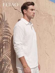 FEIAO Men's Retro "Old Money" Style Long-Sleeve Shirt With 3D Texture-Casual, Stylish, And Versatile For Commuting; Perfect For Both Fall And Winter - White - View 4