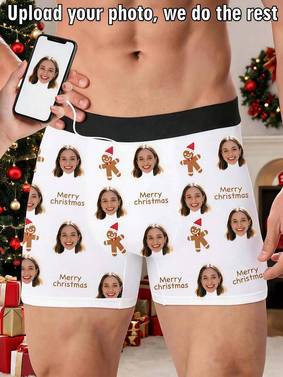 1pc Personalized Men's Black Underwear, Customizable Photo, Comfortable & Breathable, Unique Birthday, Christmas, Valentine's Day, Anniversary Gift For Boyfriend - Multicolor - View 1