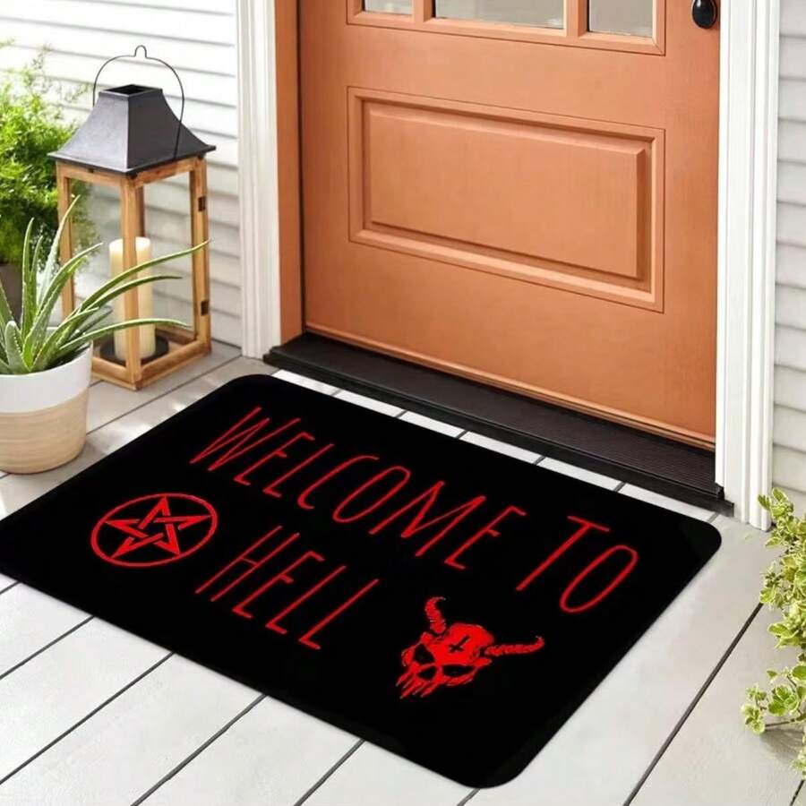1件裝 暗夜儀式黑色底紅字「Welcome To Hell」手寫主題牛頭與紅星門墊 | 聚酯纖維材質,加厚黏合法蘭絨,0.4英吋厚,580g/Sqm,哥德風美學,適合門廊、入口、車庫 - 紅色 - 查看 1