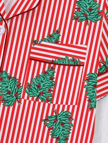 [Christmas]2pcs Women's Pajama Set, Christmas Tree Print, Women's Loungewear, Spring/Summer Holiday Outfit, Short Sleeve Top And Shorts Set - Red - View 5