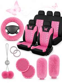 8pcs/9pcs/17pcs Breathable Car Seat Covers Set, Butterfly Pattern, With Soft Plush Steering Wheel Cover, Gear Shift Cover, Handbrake Cover And Rhinestone Plush Pendant, Create Comfortable Driving Experience - Multicolor - View 1