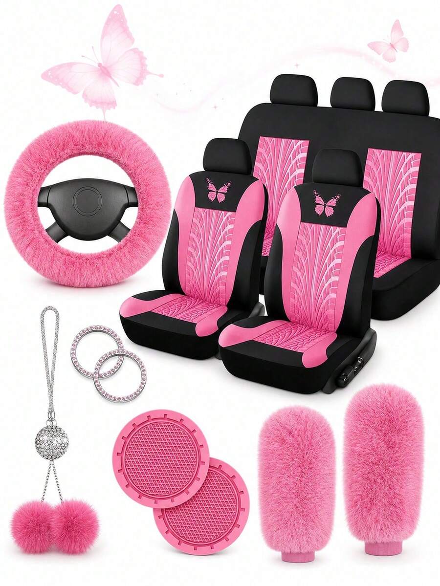 8pcs/9pcs/17pcs Breathable Car Seat Covers Set, Butterfly Pattern, With Soft Plush Steering Wheel Cover, Gear Shift Cover, Handbrake Cover And Rhinestone Plush Pendant, Create Comfortable Driving Experience - Multicolor - View 1