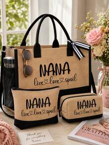 拼色三件式亞麻托特包，印有「Nana」字母，大容量時尚托特包，教堂活動禮物，側邊水瓶網袋，方便放置聖經、筆記本電腦、水瓶、雨傘等，適合生日、教師節、復活節 - 彩色 - 查看 10