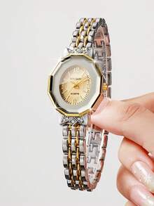 Women's Luxury Rhinestone Studded Digital Dial Quartz Watch, Elegant Two-Tone Alloy Band Wristwatch, Gift For Girlfriend (1pc/Set) Watch Box Not Included - Multicolor - View 3
