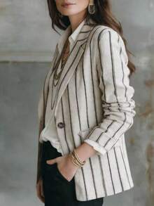 Women's Striped Woven Fabric Blazer, With Pockets And Button Details, Long Sleeve Regular Fit, Suitable For Fashionable Autumn Style - Black and White - View 3