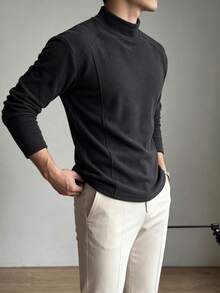Men's Thermal Base Layer, High Neck T-Shirt, Long Sleeve Pullover, Suitable For Inner Layer Warmth, Street Fashion Top. Gift For Boyfriend, Husband - Black - View 3