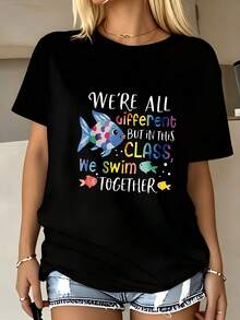 Capsule Wardrobe Cotton Top, Playful Rainbow Fish Teacher Classroom Quote Front Print, Ideal For Office Date Afternoon Tea Wear - Black - View 1