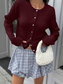 Spring Autumn Winter New Burgundy Round Neck Single Breasted Knit Women's Top, Casual Y2K Style Cardigan Jacket, Suitable For Daily Commute Wear Fall - Early Red - View 4