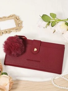 Dengan hiasan pom-pom, dompet panjang ultra tipis yang modis, dompet yang dapat memuat ponsel kecil, cocok untuk aktivitas luar ruangan dan perjalanan. - Burgundy - View 10