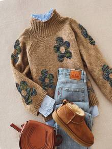 Vintage Women's Bohemian Style Floral Contrast Jacquard Knit Pullover Wool Sweater, Ribbed Details, Long Sleeve Regular Fit, Suitable For Autumn/Winter - Camel - View 3