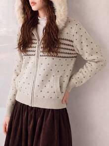 Women's Winter Casual Minimalist Retro Pattern Striped Design Hooded Cardigan Sweater Jacket - Milk Coffee - View 1